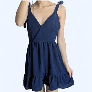 Shoulder Tie Strap Tiered Navy Blue Dress